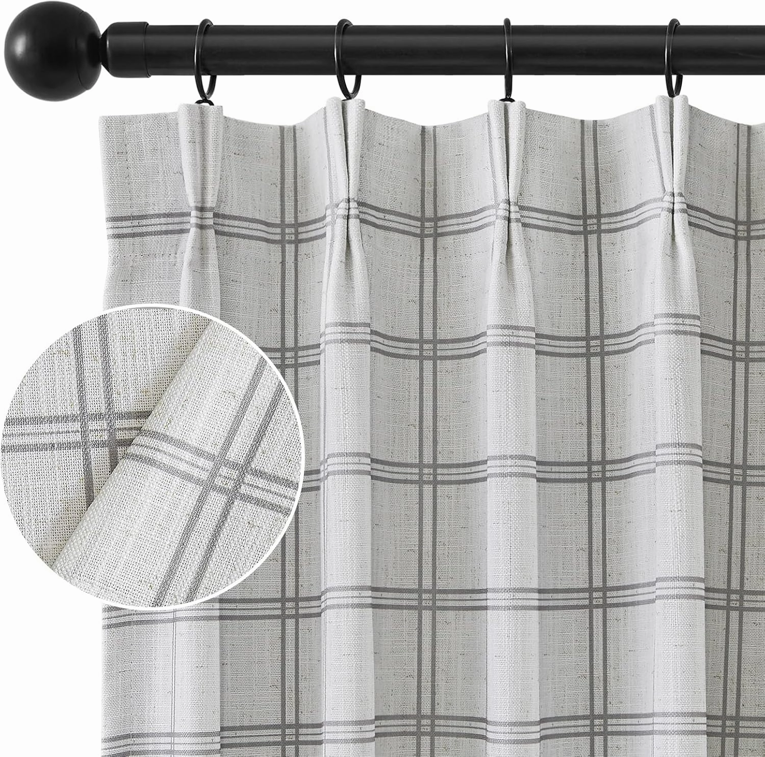 HOMEIDEAS 100% Blackout Plaid Pinch Pleated Curtains, Noise Reduction Thermal Insulated with Adjustable Hook, for Farmhouse Living Room, Bedroom, Nursery, 2 Panels, W40 X L84 Inch, Grey