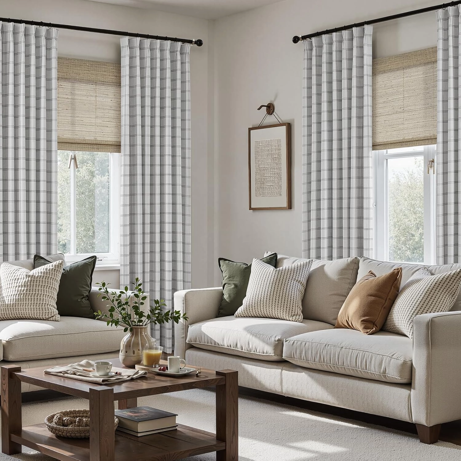 HOMEIDEAS 100% Blackout Plaid Pinch Pleated Curtains, Noise Reduction Thermal Insulated with Adjustable Hook, for Farmhouse Living Room, Bedroom, Nursery, 2 Panels, W40 X L84 Inch, Grey