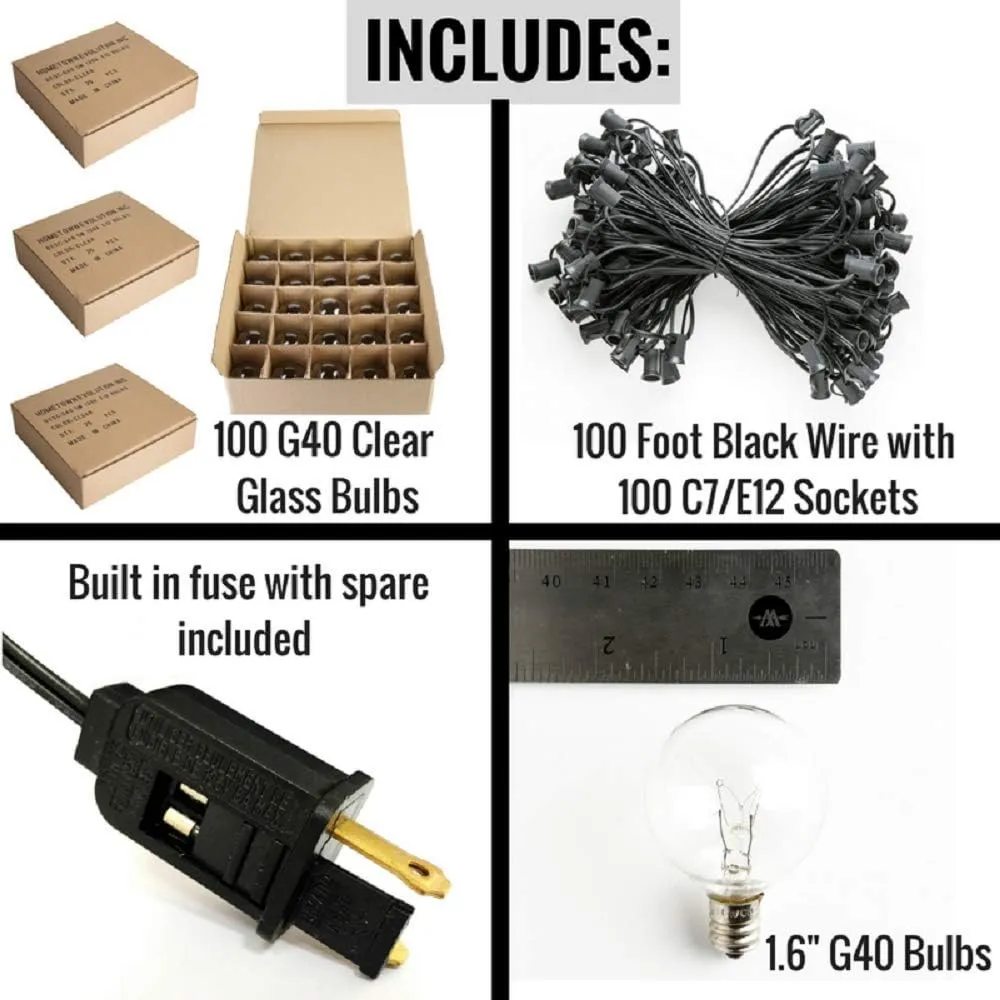 Hometown Evolution, Inc. 100 ft G40 Globe Patio String Lights with Clear Bulbs (Black Wire) (  5 Free Spares)