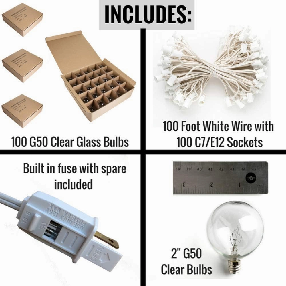 Hometown Evolution, Inc. 100 Foot White Globe String Lights - 105 G50 Clear 2" Bulbs (5 Extra) - White Wire - for Weddings, Bistro, Cafe, Market and Tent Lighting
