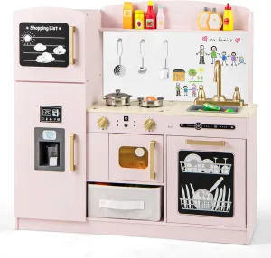 HONEY JOY Kids Kitchen Playset, Wooden Toy Kitchen Set with Lights & Sounds, Microwave, Ice Maker, Storage Box, Interactive Little Chef Pretend Play Kitchen for Toddlers, Gift for Boys Girls (Pink)