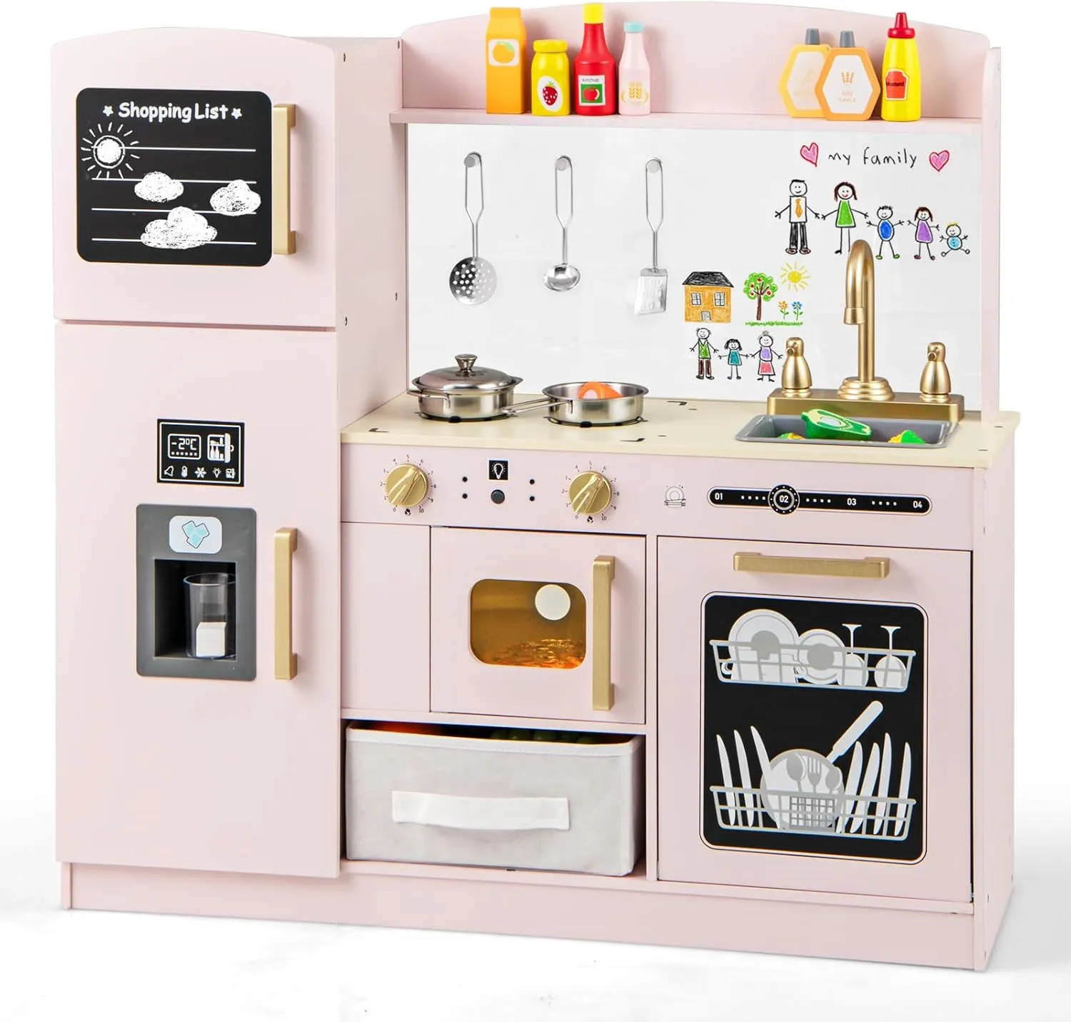 HONEY JOY Kids Kitchen Playset, Wooden Toy Kitchen Set with Lights & Sounds, Microwave, Ice Maker, Storage Box, Interactive Little Chef Pretend Play Kitchen for Toddlers, Gift for Boys Girls (Pink)