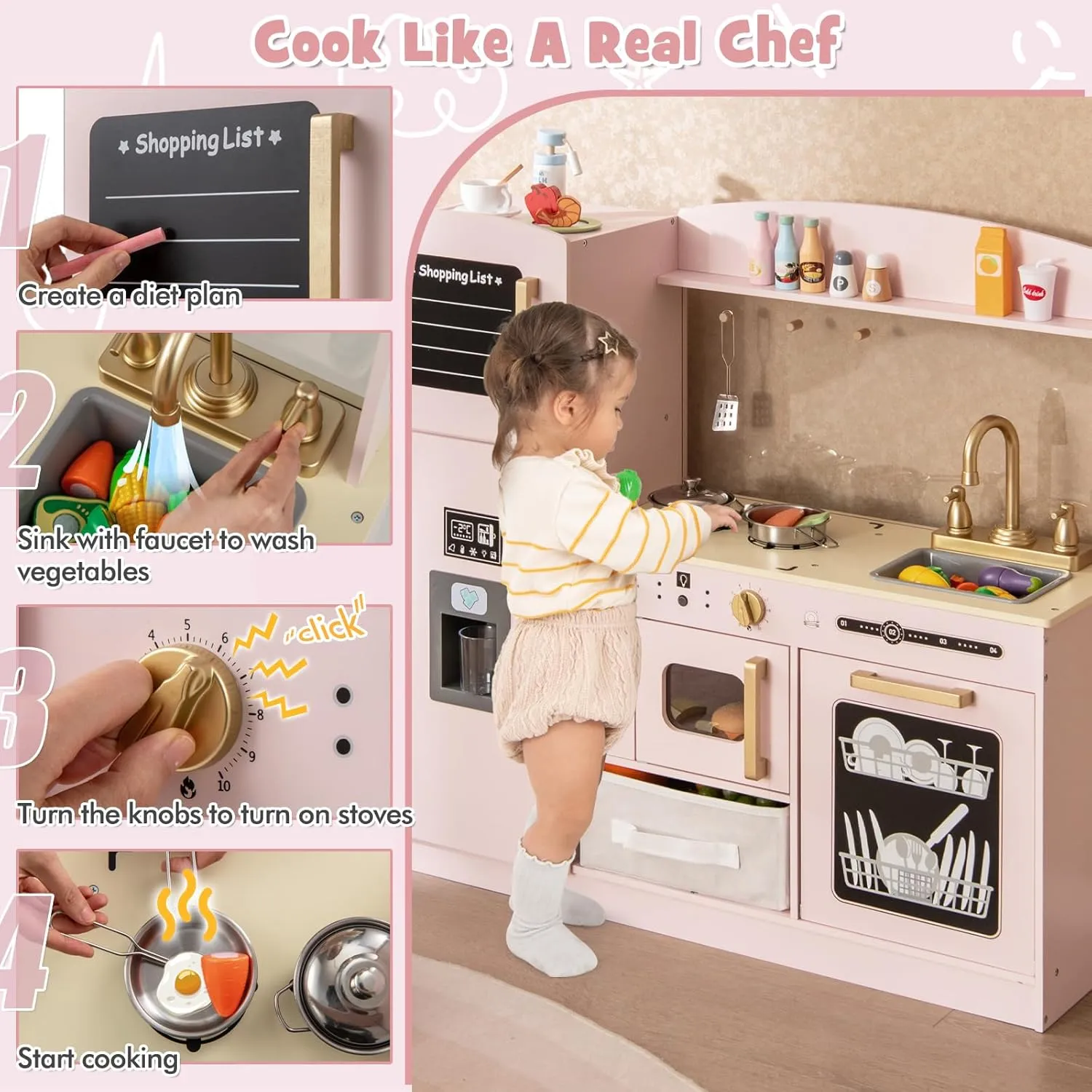 HONEY JOY Kids Kitchen Playset, Wooden Toy Kitchen Set with Lights & Sounds, Microwave, Ice Maker, Storage Box, Interactive Little Chef Pretend Play Kitchen for Toddlers, Gift for Boys Girls (Pink)