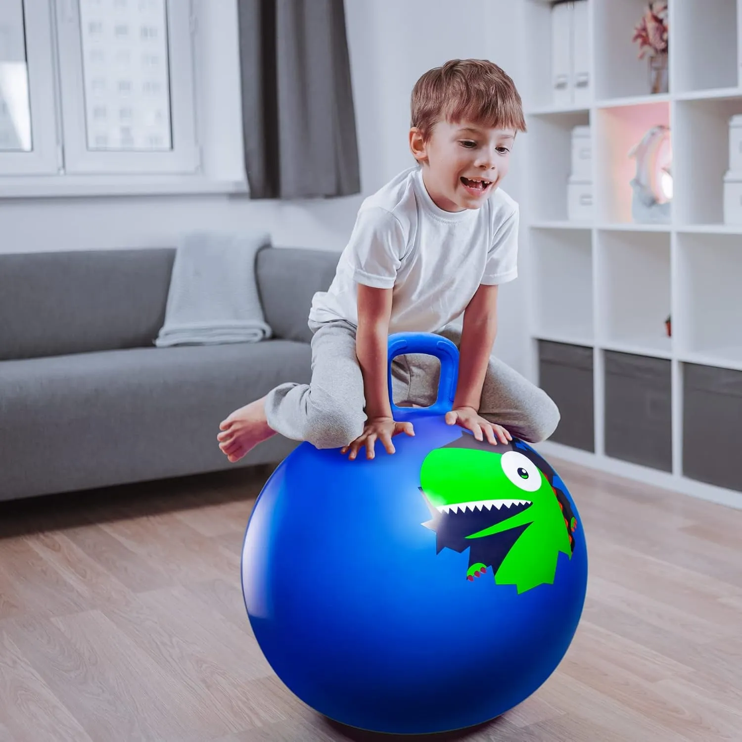 Hopper Ball 2 Pack – 18 Inch Inflatable Bouncy Balls with Handles for Kids Ages 3-8, Blue Dinosaur and Pink Unicorn Hopping Toys Gift for Boys & Girls, with Pump for Indoor Outdoor Play