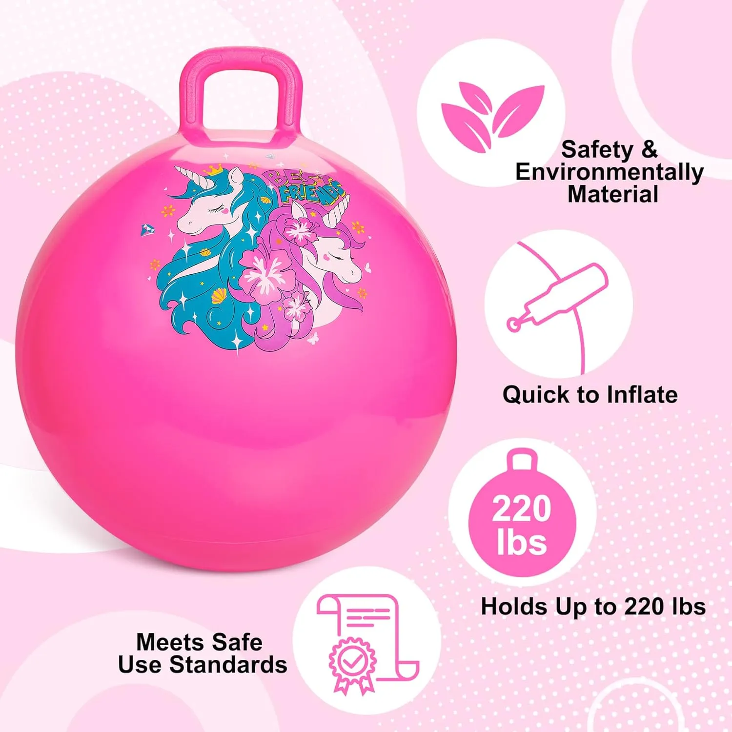 Hopper Ball 2 Pack – 18 Inch Inflatable Bouncy Balls with Handles for Kids Ages 3-8, Blue Dinosaur and Pink Unicorn Hopping Toys Gift for Boys & Girls, with Pump for Indoor Outdoor Play