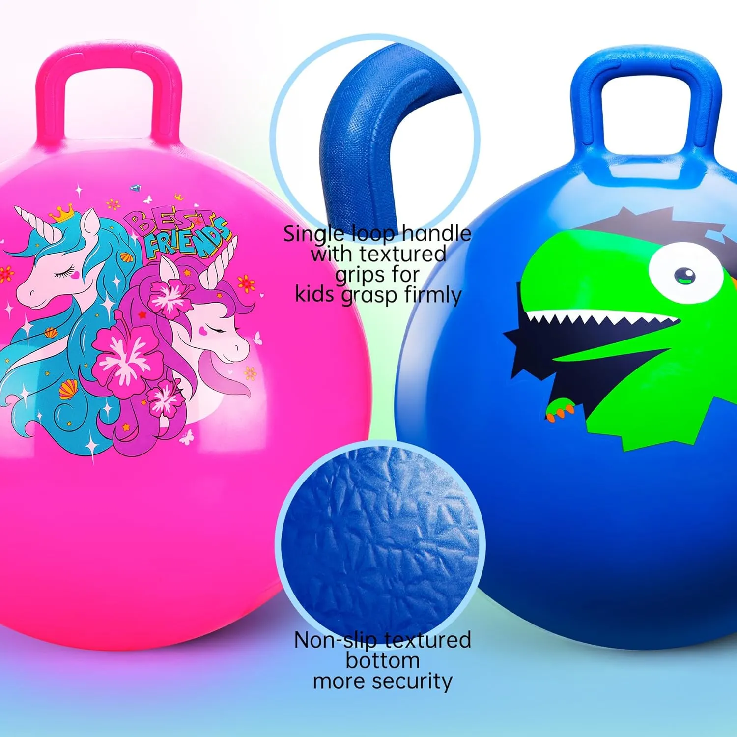 Hopper Ball 2 Pack – 18 Inch Inflatable Bouncy Balls with Handles for Kids Ages 3-8, Blue Dinosaur and Pink Unicorn Hopping Toys Gift for Boys & Girls, with Pump for Indoor Outdoor Play