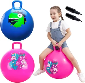 Hopper Ball 2 Pack – 18 Inch Inflatable Bouncy Balls with Handles for Kids Ages 3-8, Blue Dinosaur and Pink Unicorn Hopping Toys Gift for Boys & Girls, with Pump for Indoor Outdoor Play