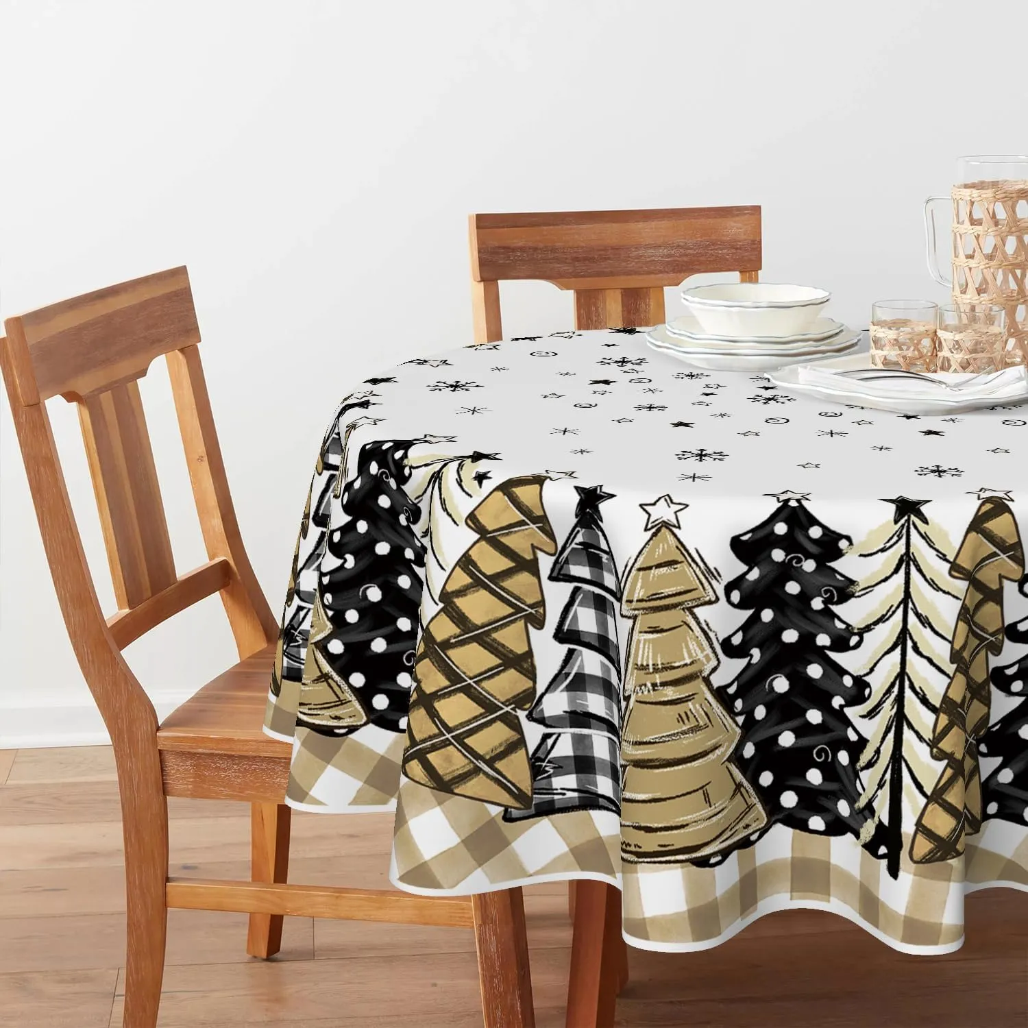 Horaldaily Christmas Tablecloth 70×70 Inch Round, Christmas Trees Buffalo Plaid Beige Washable Table Cover for Party Picnic Dinner Decor