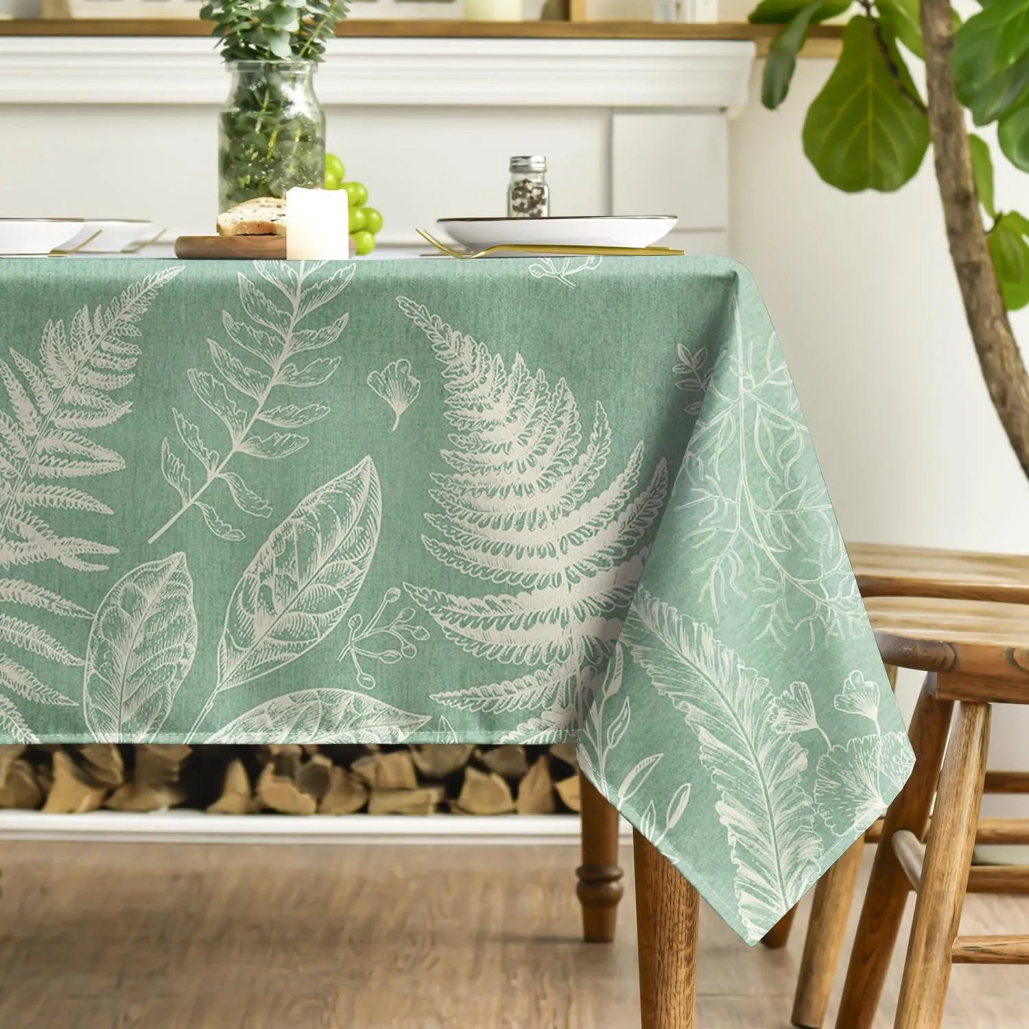 Horaldaily Spring Tablecloth 60×84 Inch Rectangular, White Ferns Sage Washable Seasonal Table Cover for Party Picnic Dinner Decor