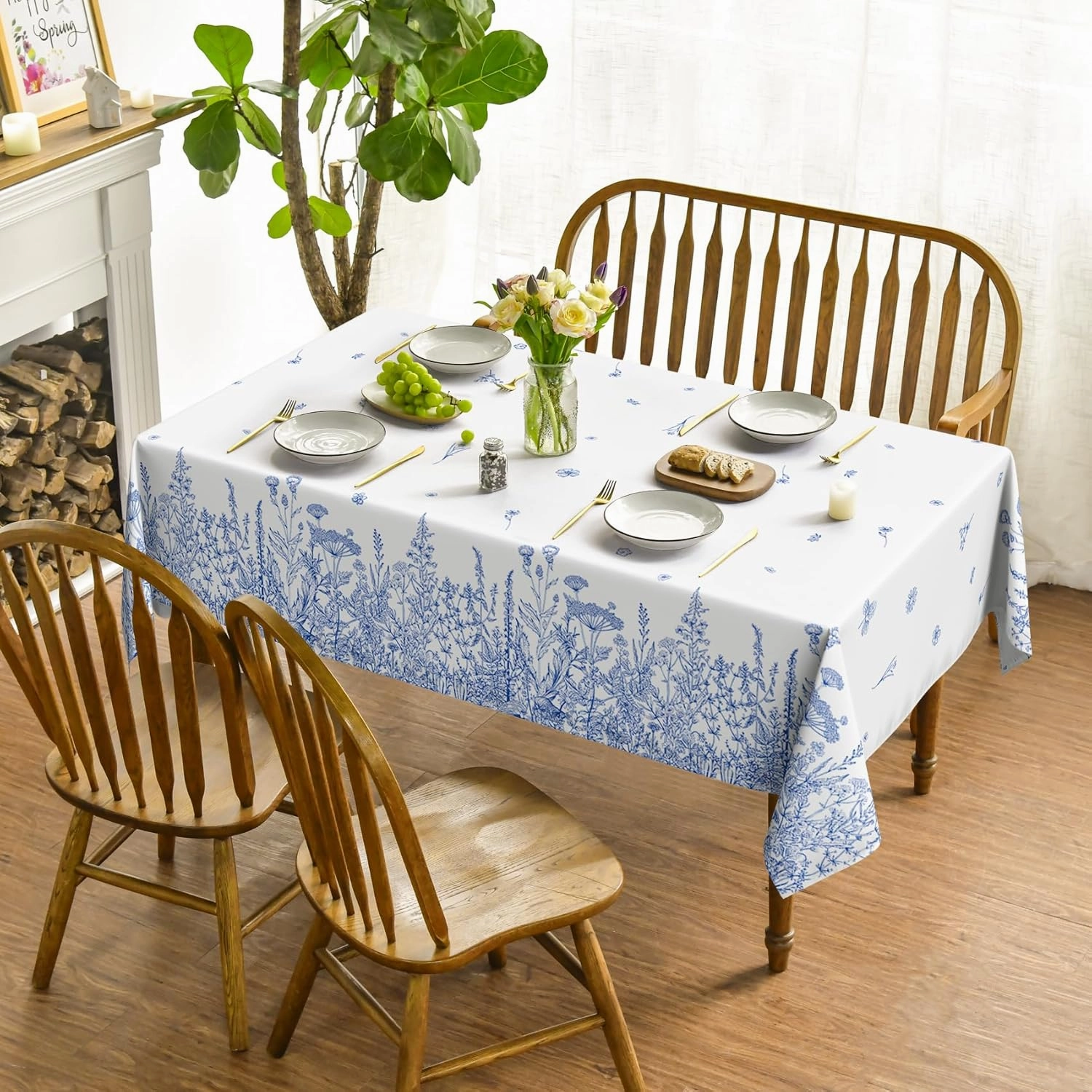 Horaldaily Spring Summer Tablecloth 60×120 Inch Rectangular, Wild Flowers Floral Blue Washable Seasonal Table Cover for Party Picnic Dinner Decor
