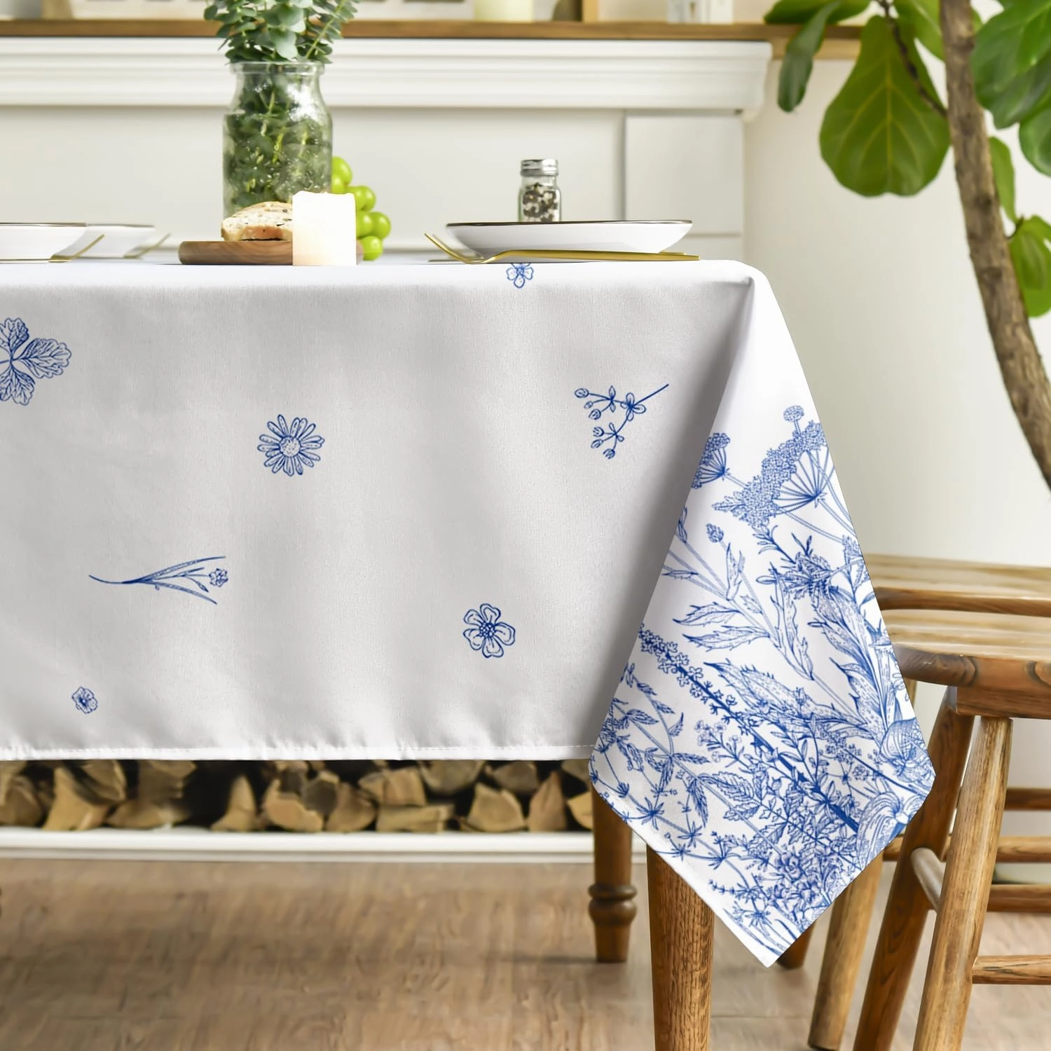 Horaldaily Spring Summer Tablecloth 60×120 Inch Rectangular, Wild Flowers Floral Blue Washable Seasonal Table Cover for Party Picnic Dinner Decor