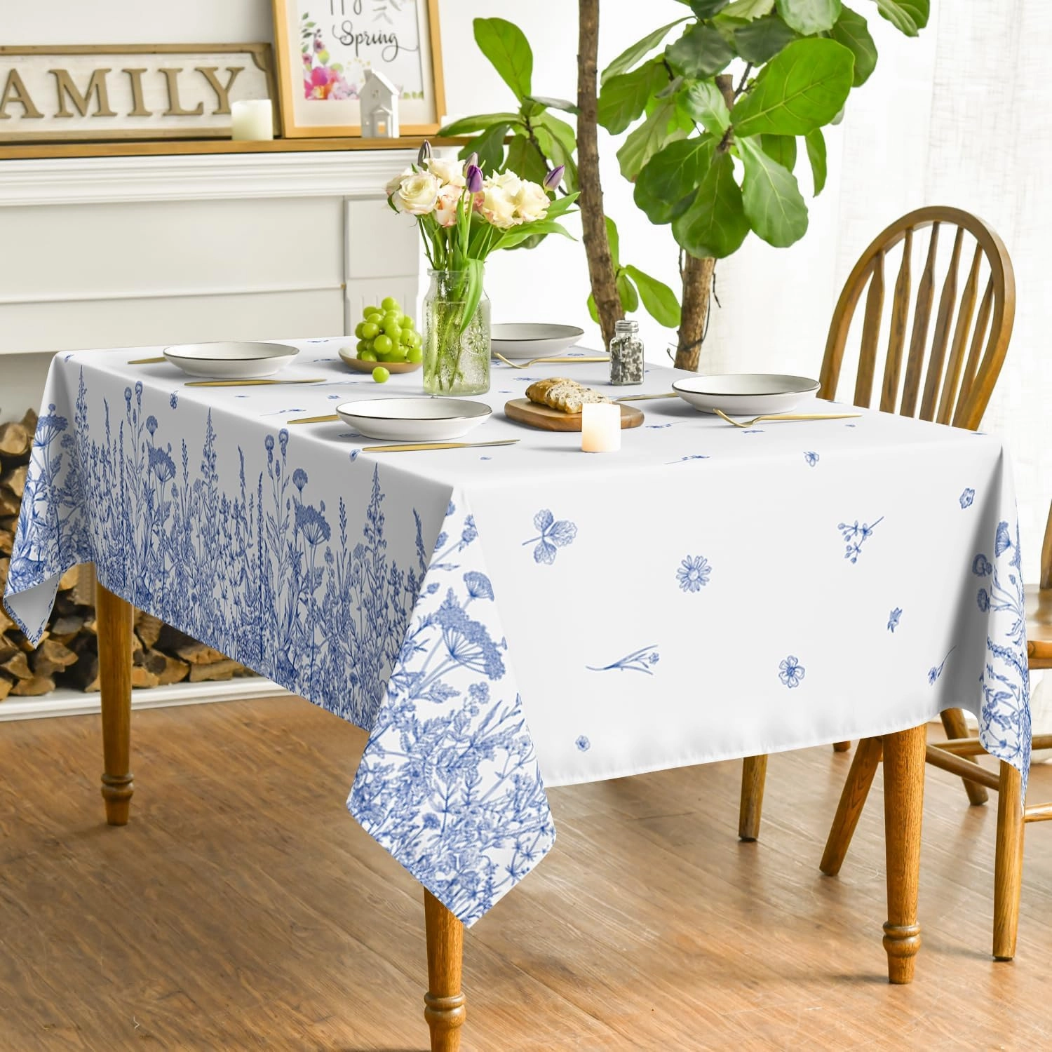 Horaldaily Spring Summer Tablecloth 60×120 Inch Rectangular, Wild Flowers Floral Blue Washable Seasonal Table Cover for Party Picnic Dinner Decor