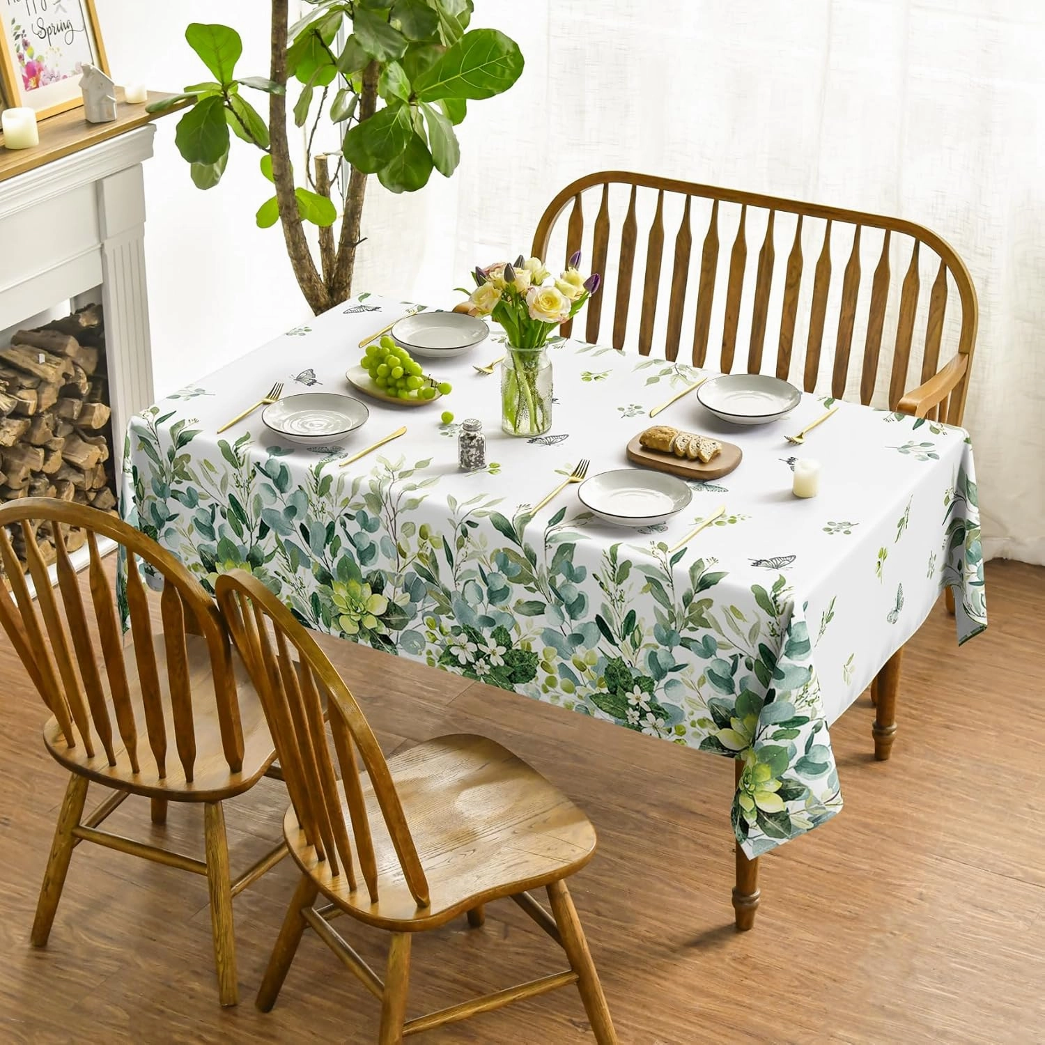 Horaldaily Spring Summer Tablecloth 60x84 Inch Rectangular, Eucalyptus Floral Table Cover for Party Picnic Dinner Decor