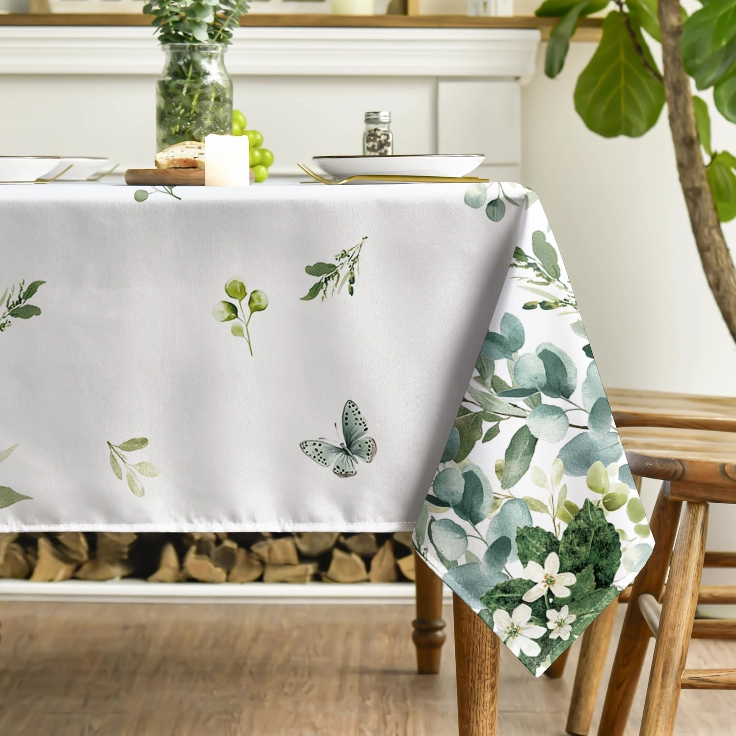 Horaldaily Spring Summer Tablecloth 60x84 Inch Rectangular, Eucalyptus Floral Table Cover for Party Picnic Dinner Decor