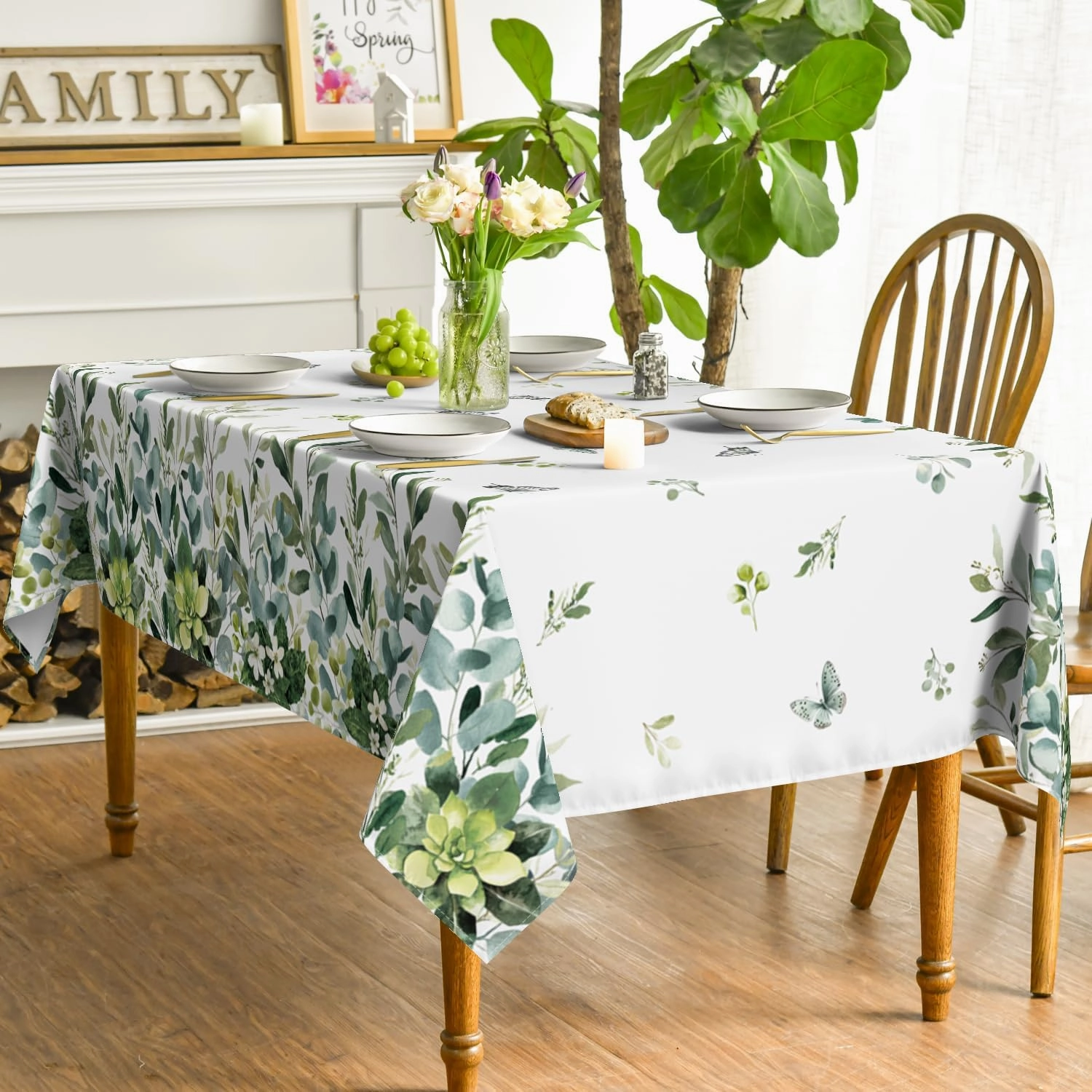Horaldaily Spring Summer Tablecloth 60x84 Inch Rectangular, Eucalyptus Floral Table Cover for Party Picnic Dinner Decor