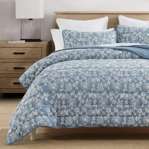HORIMOTE HOME Floral Embroidery Quilt Queen Size, Blue Queen Quilt Bedding Set Soft Lightweight Bedspread 3 Pieces Shabby Chic Farmhouse Full Size Comforter Set for All Seasons