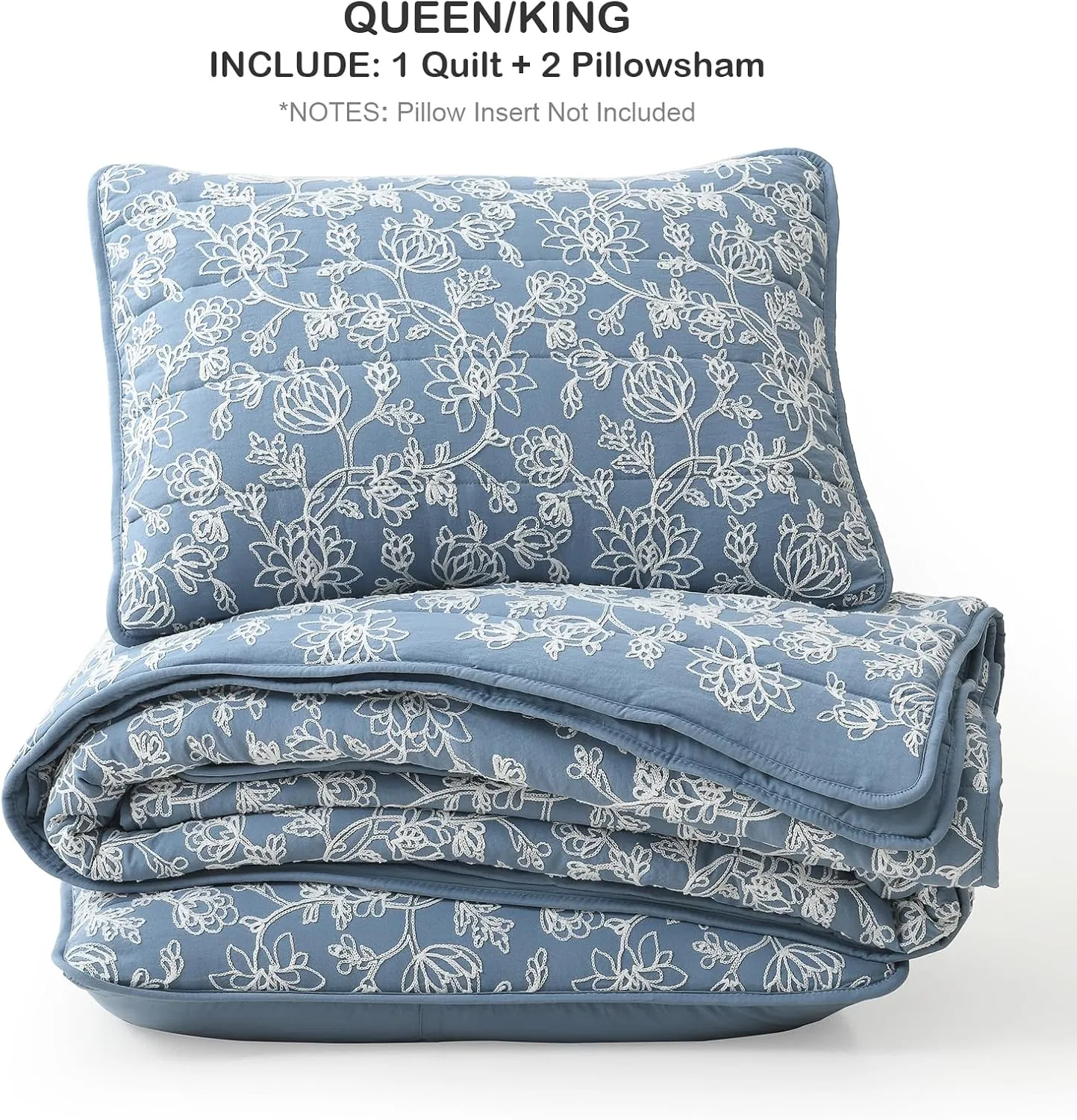 HORIMOTE HOME Floral Embroidery Quilt Queen Size, Blue Queen Quilt Bedding Set Soft Lightweight Bedspread 3 Pieces Shabby Chic Farmhouse Full Size Comforter Set for All Seasons