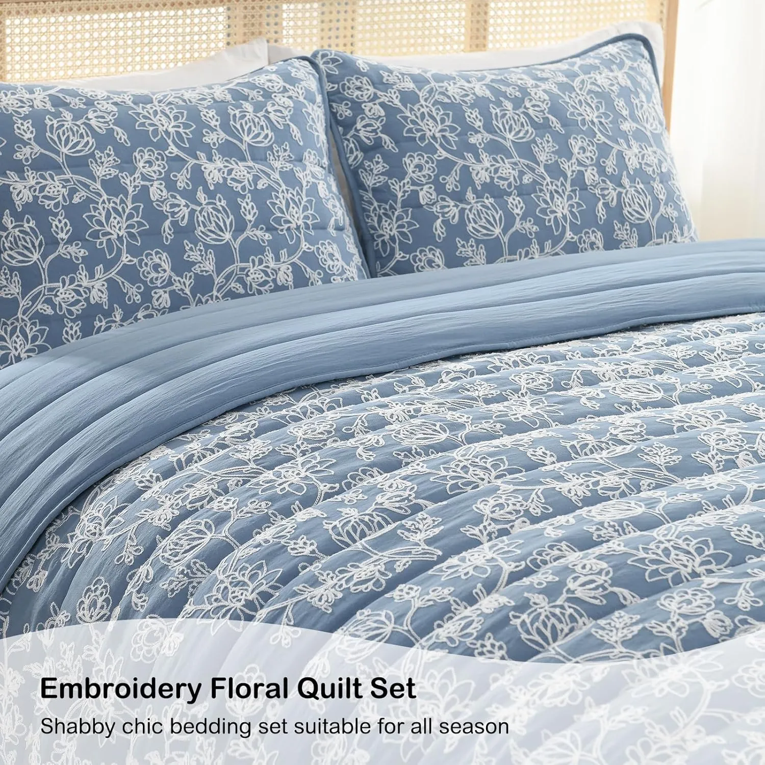HORIMOTE HOME Floral Embroidery Quilt Queen Size, Blue Queen Quilt Bedding Set Soft Lightweight Bedspread 3 Pieces Shabby Chic Farmhouse Full Size Comforter Set for All Seasons