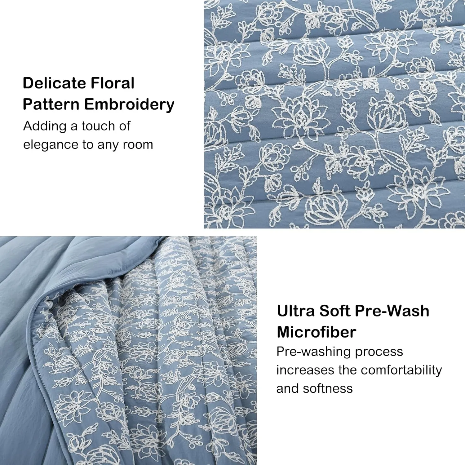 HORIMOTE HOME Floral Embroidery Quilt Queen Size, Blue Queen Quilt Bedding Set Soft Lightweight Bedspread 3 Pieces Shabby Chic Farmhouse Full Size Comforter Set for All Seasons