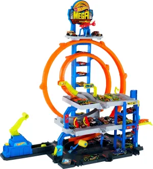 Hot Wheels Toy Car Track Set with Die-Cast Car & Helicopter, 3 Levels of Play, 2 Loops, Storage for 37 1:64 Scale Vehicles, Speed Snap Adapters​​