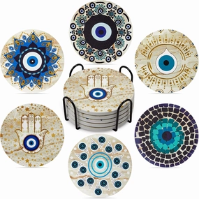House Warming Gift Coasters Set of 6,Drink Absorbent Coasters with Holder, Coffee Table Decor Ceramic Stone Coaster for New Home,Apartment Kitchen Bar Living Room (Evil Eye-Yellow)