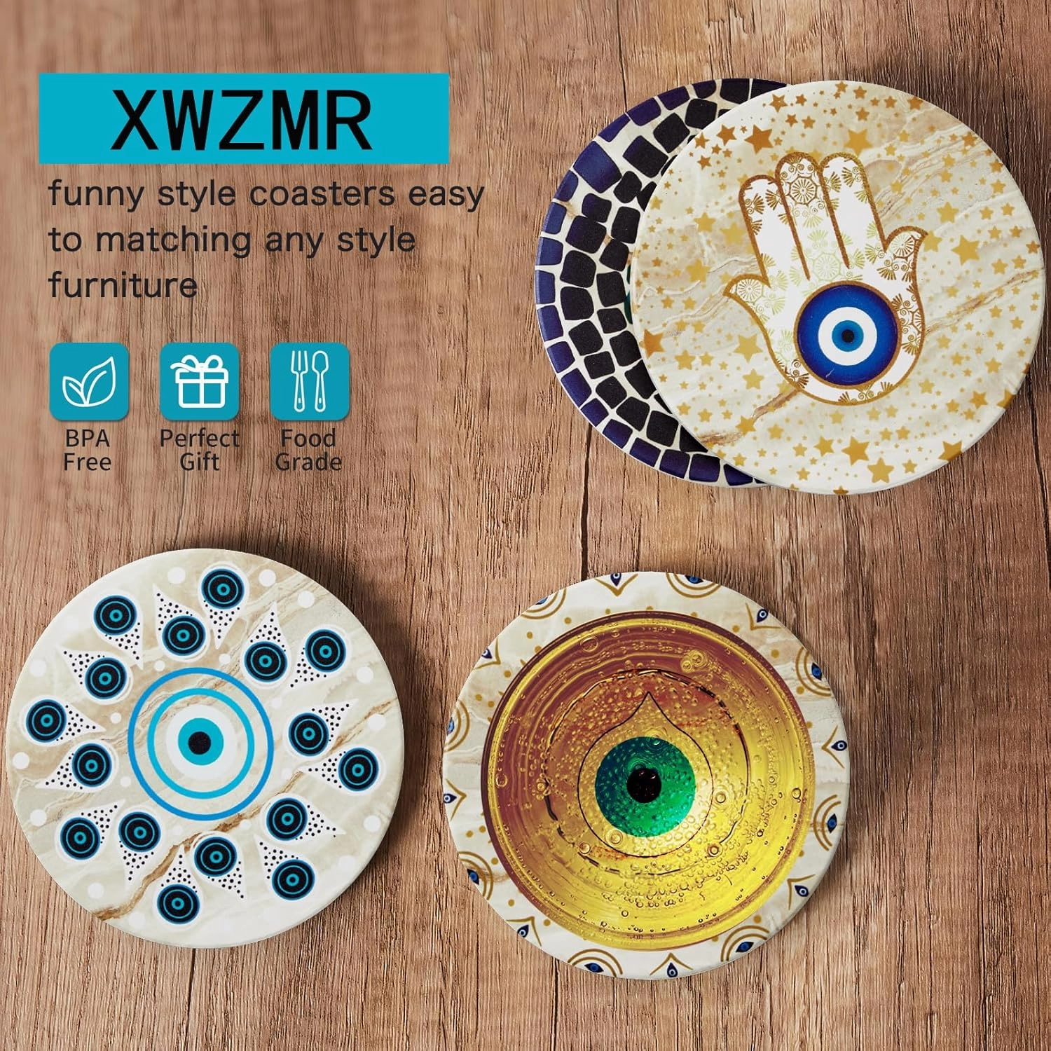 House Warming Gift Coasters Set of 6,Drink Absorbent Coasters with Holder, Coffee Table Decor Ceramic Stone Coaster for New Home,Apartment Kitchen Bar Living Room (Evil Eye-Yellow)