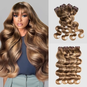 Human Hair Bundles 4 Bundle 16 18 20 22 Inch Hair Extensions Honey Blonde Highlight Body Wave Bundles Human Hair 100% Unprocessed Brazilian Virgin Hair Quick Weave Bundles Human Hair P4/27