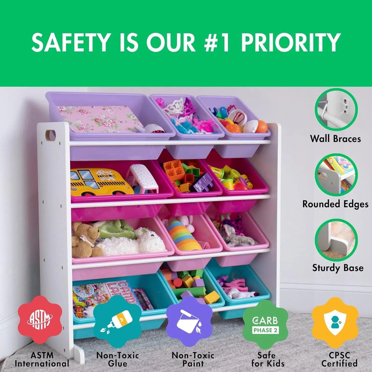 Humble Crew Toy Storage Organizer, White/Pink/Purple/Turquoise 34x11x31 inches,12x9x6 inches,16x12x6 inches