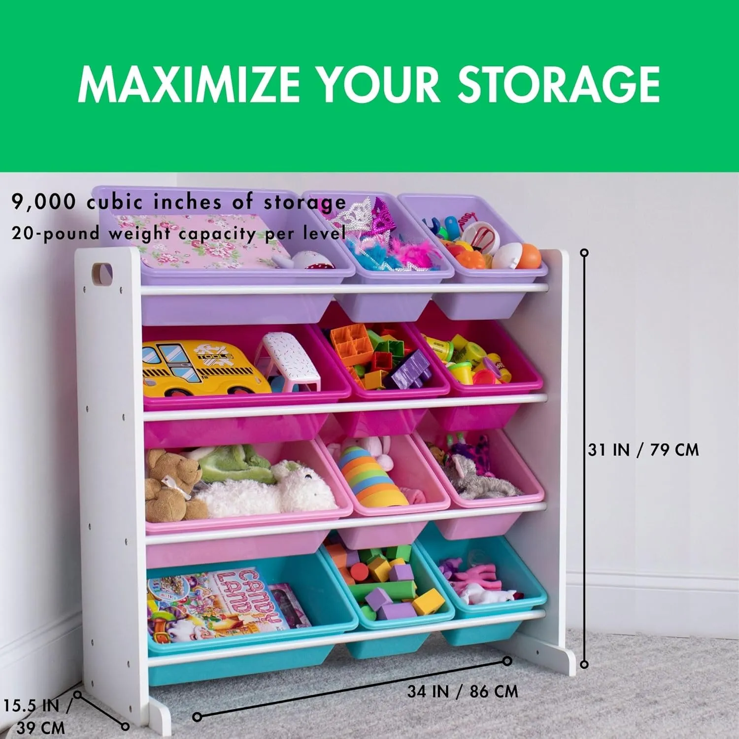 Humble Crew Toy Storage Organizer, White/Pink/Purple/Turquoise 34x11x31 inches,12x9x6 inches,16x12x6 inches