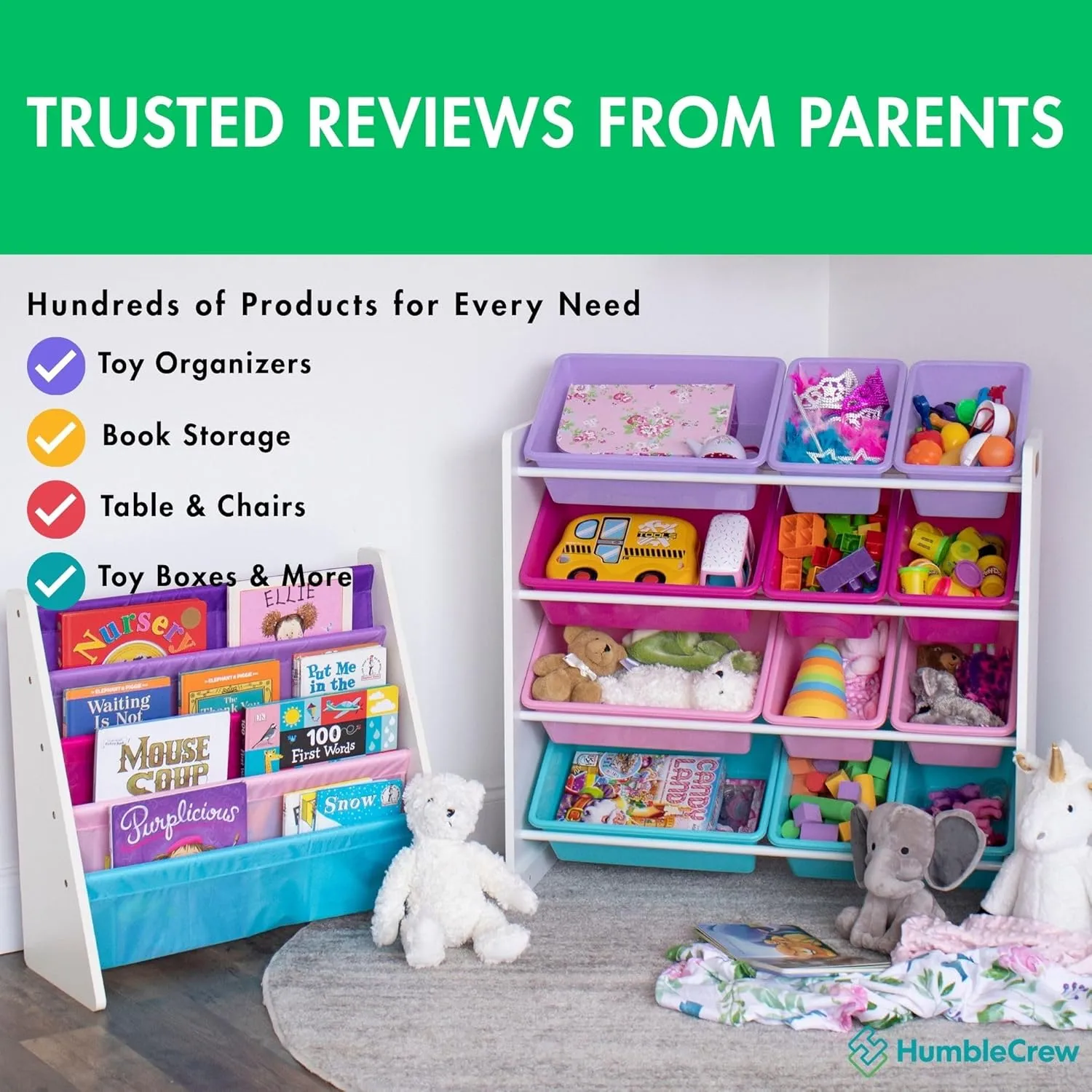 Humble Crew Toy Storage Organizer, White/Pink/Purple/Turquoise 34x11x31 inches,12x9x6 inches,16x12x6 inches