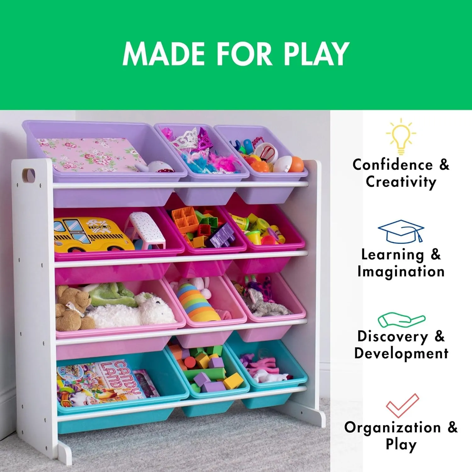 Humble Crew Toy Storage Organizer, White/Pink/Purple/Turquoise 34x11x31 inches,12x9x6 inches,16x12x6 inches