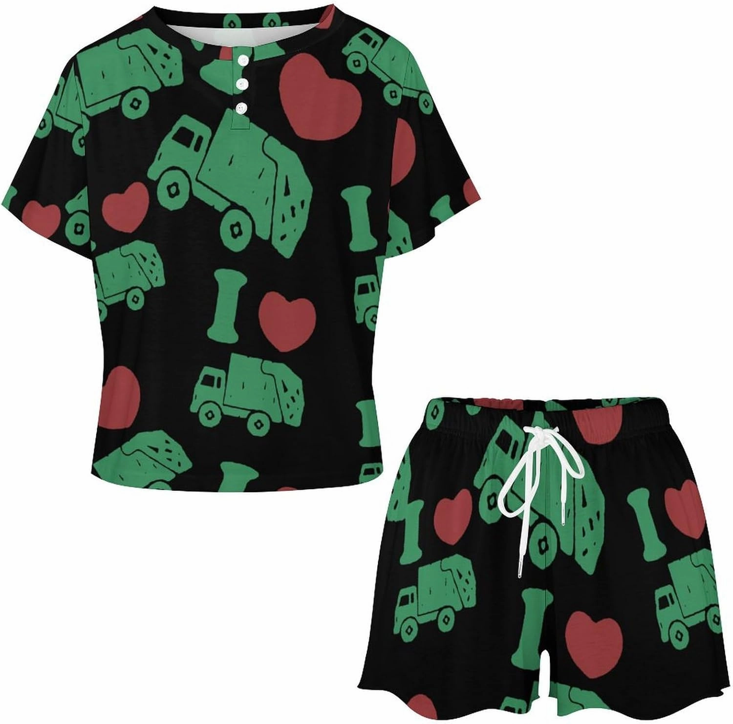 I Love Trash Garbage Trucks Womens Pajamas Set Loungewear Short Sleeve Sleepwear PJ