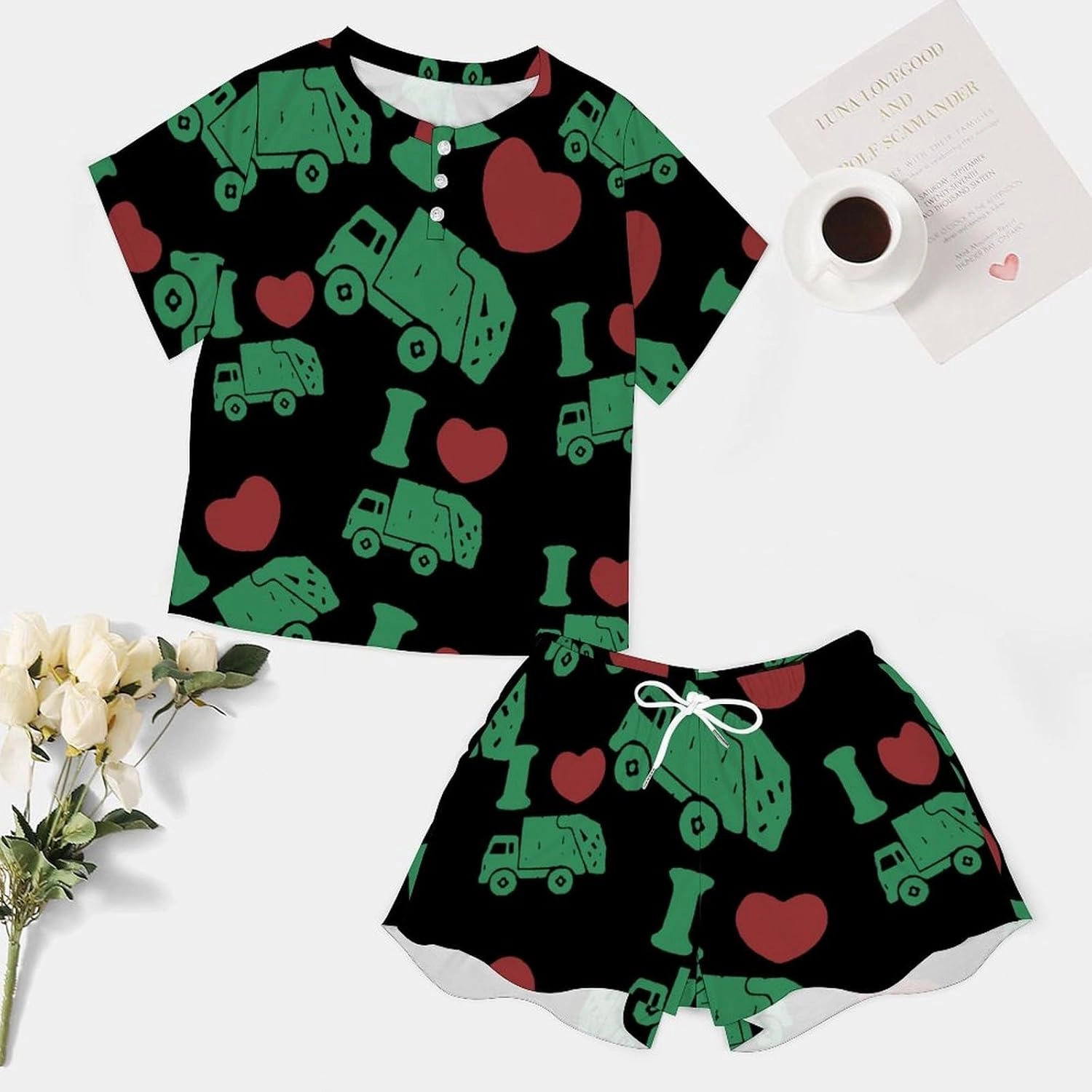I Love Trash Garbage Trucks Womens Pajamas Set Loungewear Short Sleeve Sleepwear PJ
