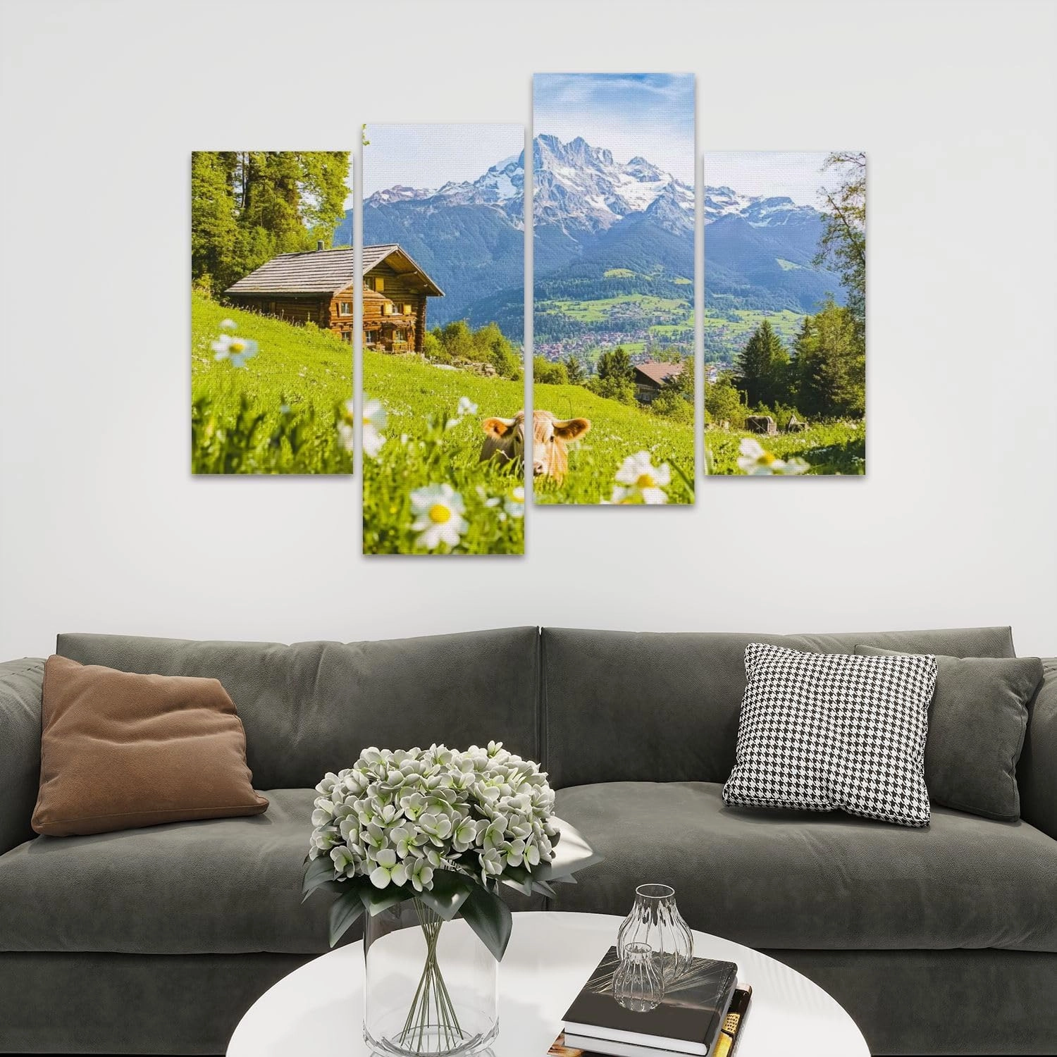 Idyllic alpine scenery mountain chalets cow grazing green meadows Canvas Prints Wall Decor 4 Pieces Contemporary Framed Artworks for Living Room Bedroom Bathroom Office Home Decoration Gifts
