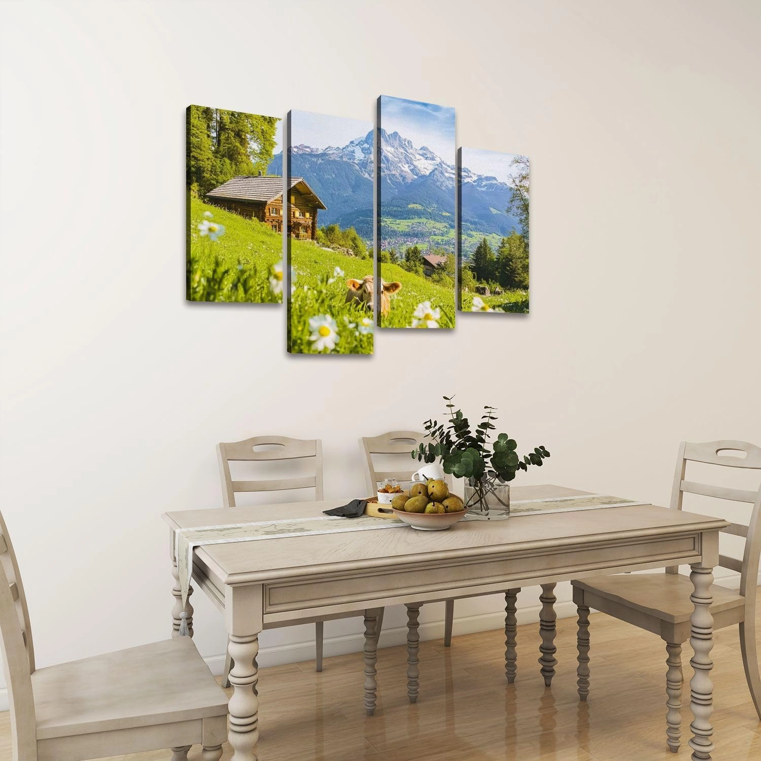 Idyllic alpine scenery mountain chalets cow grazing green meadows Canvas Prints Wall Decor 4 Pieces Contemporary Framed Artworks for Living Room Bedroom Bathroom Office Home Decoration Gifts