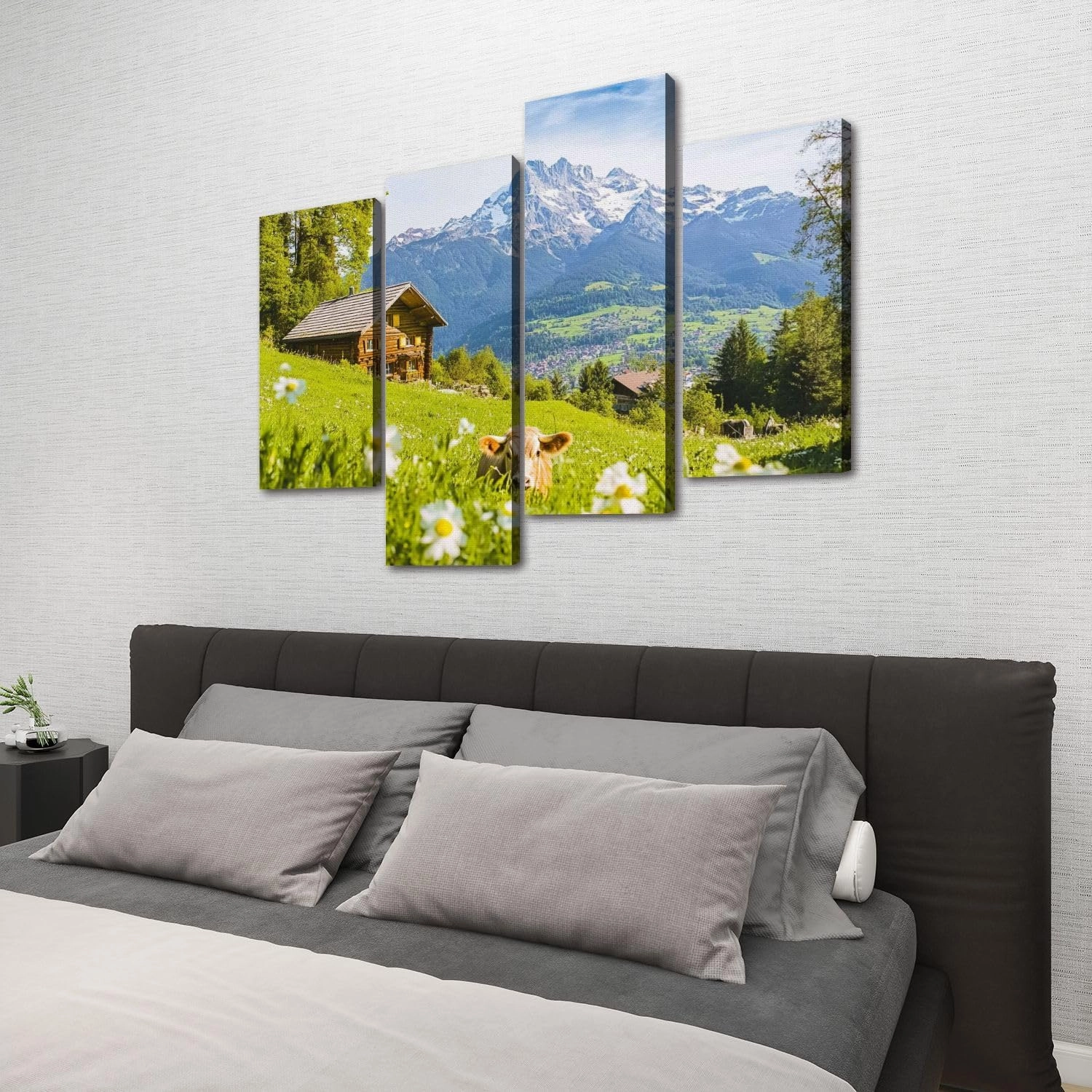 Idyllic alpine scenery mountain chalets cow grazing green meadows Canvas Prints Wall Decor 4 Pieces Contemporary Framed Artworks for Living Room Bedroom Bathroom Office Home Decoration Gifts