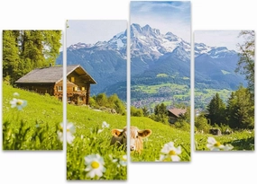 Idyllic alpine scenery mountain chalets cow grazing green meadows Canvas Prints Wall Decor 4 Pieces Contemporary Framed Artworks for Living Room Bedroom Bathroom Office Home Decoration Gifts