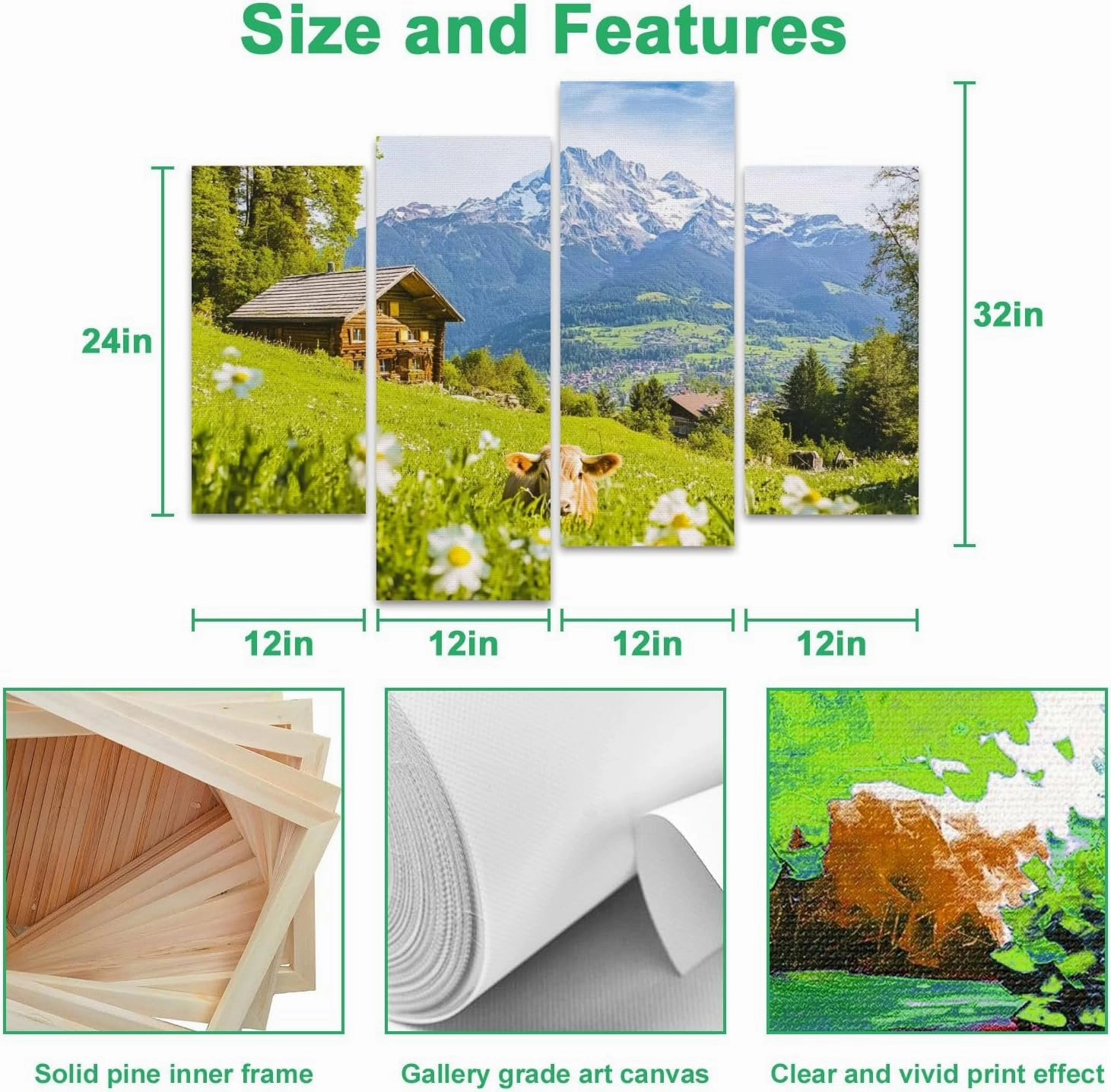 Idyllic alpine scenery mountain chalets cow grazing green meadows Canvas Prints Wall Decor 4 Pieces Contemporary Framed Artworks for Living Room Bedroom Bathroom Office Home Decoration Gifts