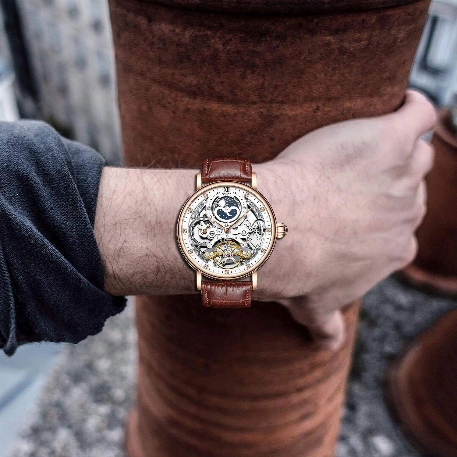 IK COLOURING Bestn Mens Luxury Skeleton Automatic Mechanical Wrist Watches Leather Moon Phrase Luminous Hands Self-Wind Watch
