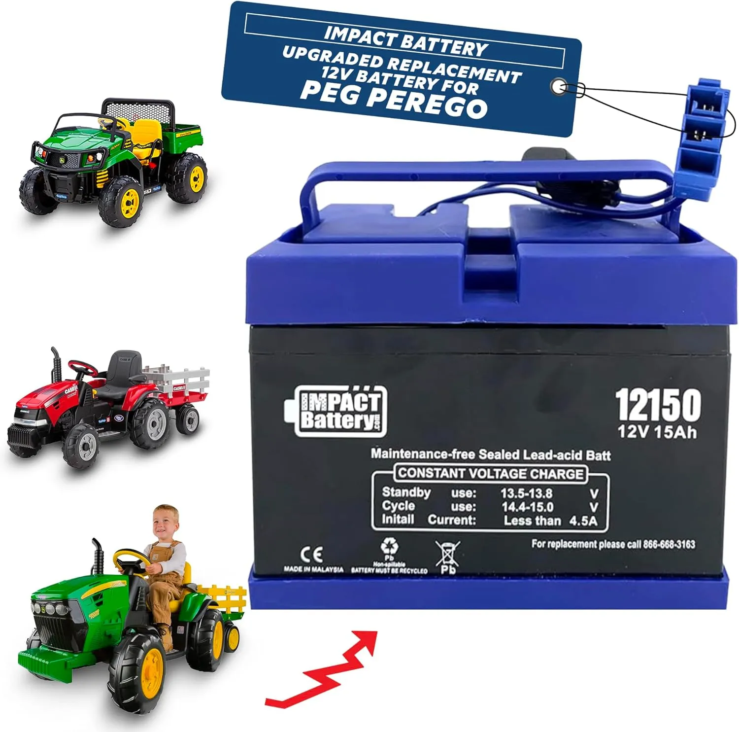 Impact Battery-Upgraded Replacement 12V Battery for Peg Perego John Deere Tractor Ride-on Toy | Gator 12V Battery for Ride On Toys | Kids Tractor Battery | Ride On Car Battery Upgrade (12V 15 Amp Kit)