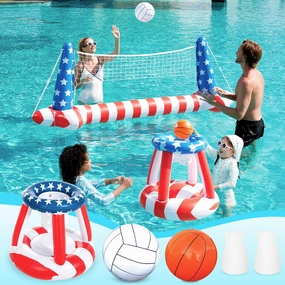 Inflatable Pool Floats Set American Flag Volleyball Net & Basketball Hoops, Swimming Pool Game Toy for Kids and Adults, Floating, Volleyball Court (105”x28”x38”)|Basketball (27.6”x23”), Red White