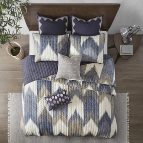 INK IVY Reversible Cotton Quilt-Luxury Double Sided Stitching Design All Season, Breathable Coverlet Bedspread Bedding, Matching Shams, Full/Queen(88"x92"), Alpine Chevron Navy 3 Piece