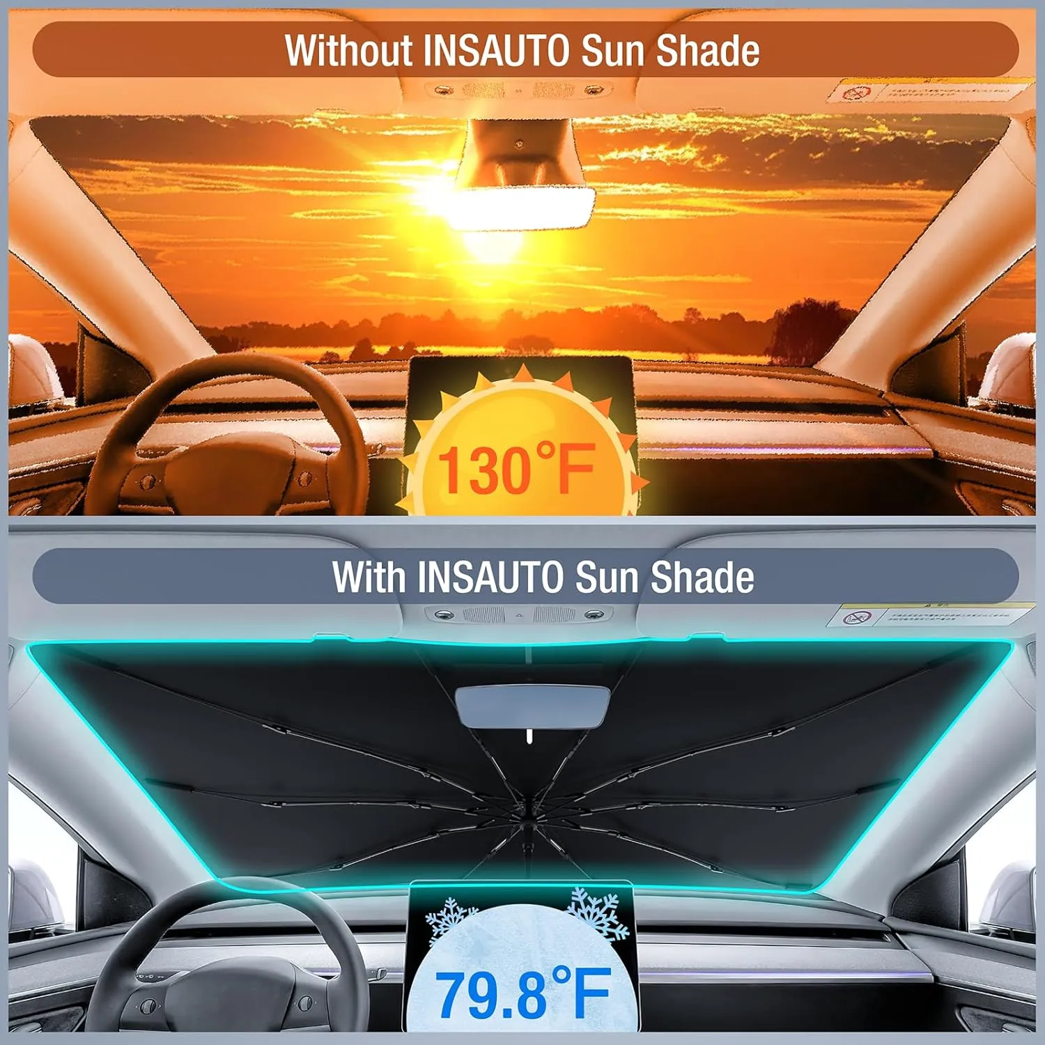 INSAUTO Windshield Sun Shade Umbrella for Honda Civic 2016-2021, Foldable Front Windshield Sunshade with Storage Bag, Block Out UV Rays & Heat, Keep Car Cool