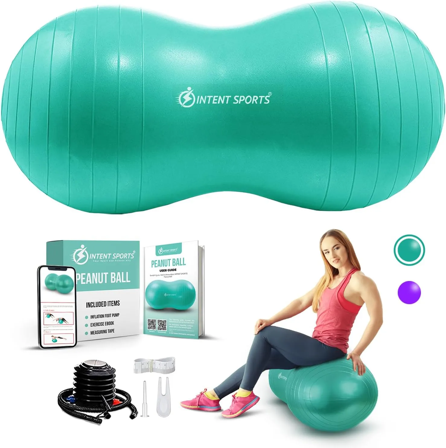 INTENT SPORTS Peanut Ball – Anti Burst Ball for Exercise, Labor, Birthing, Dog Training, Kids, Home & Gym Fitness, Physio Roll, Yoga Balance, Flexible Seating for Classroom & Office - Pump Included