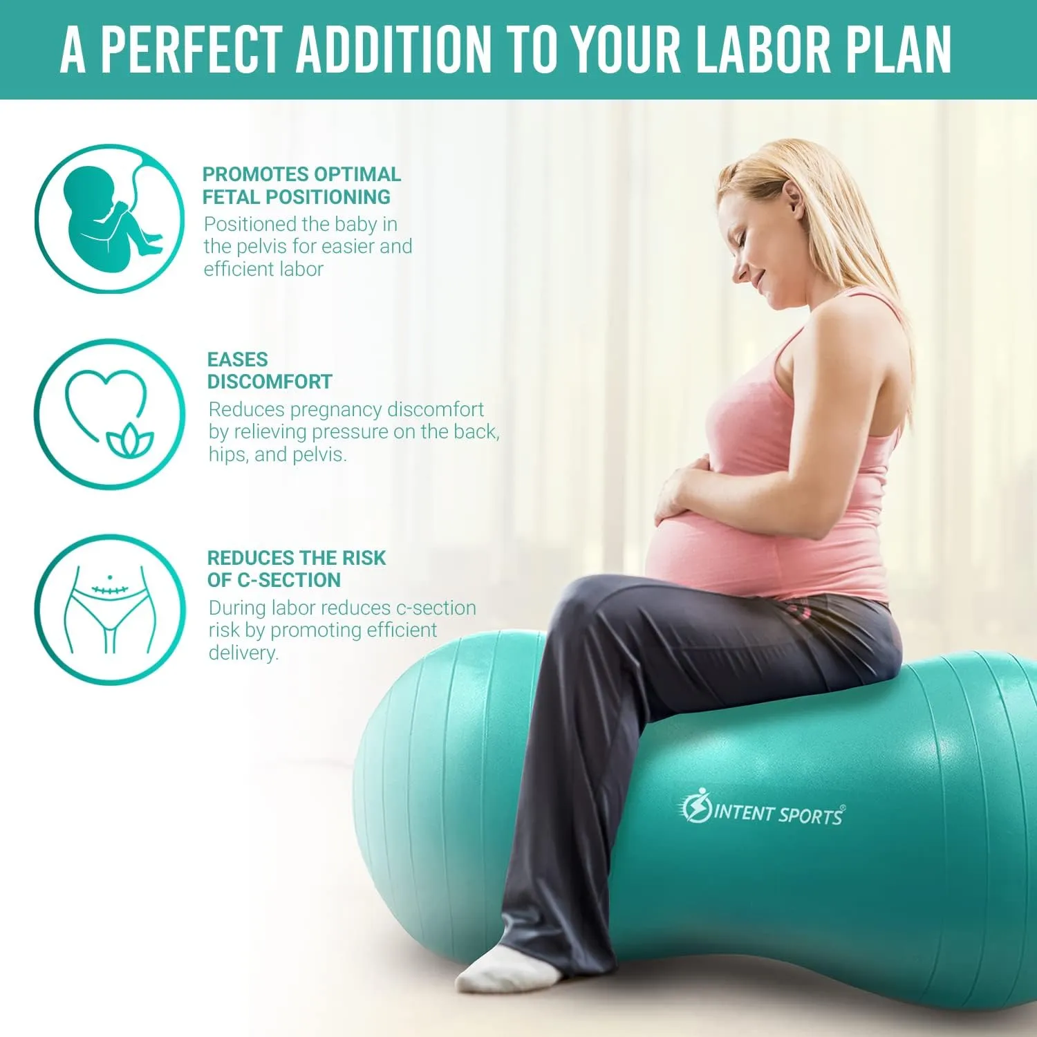 INTENT SPORTS Peanut Ball – Anti Burst Ball for Exercise, Labor, Birthing, Dog Training, Kids, Home & Gym Fitness, Physio Roll, Yoga Balance, Flexible Seating for Classroom & Office - Pump Included