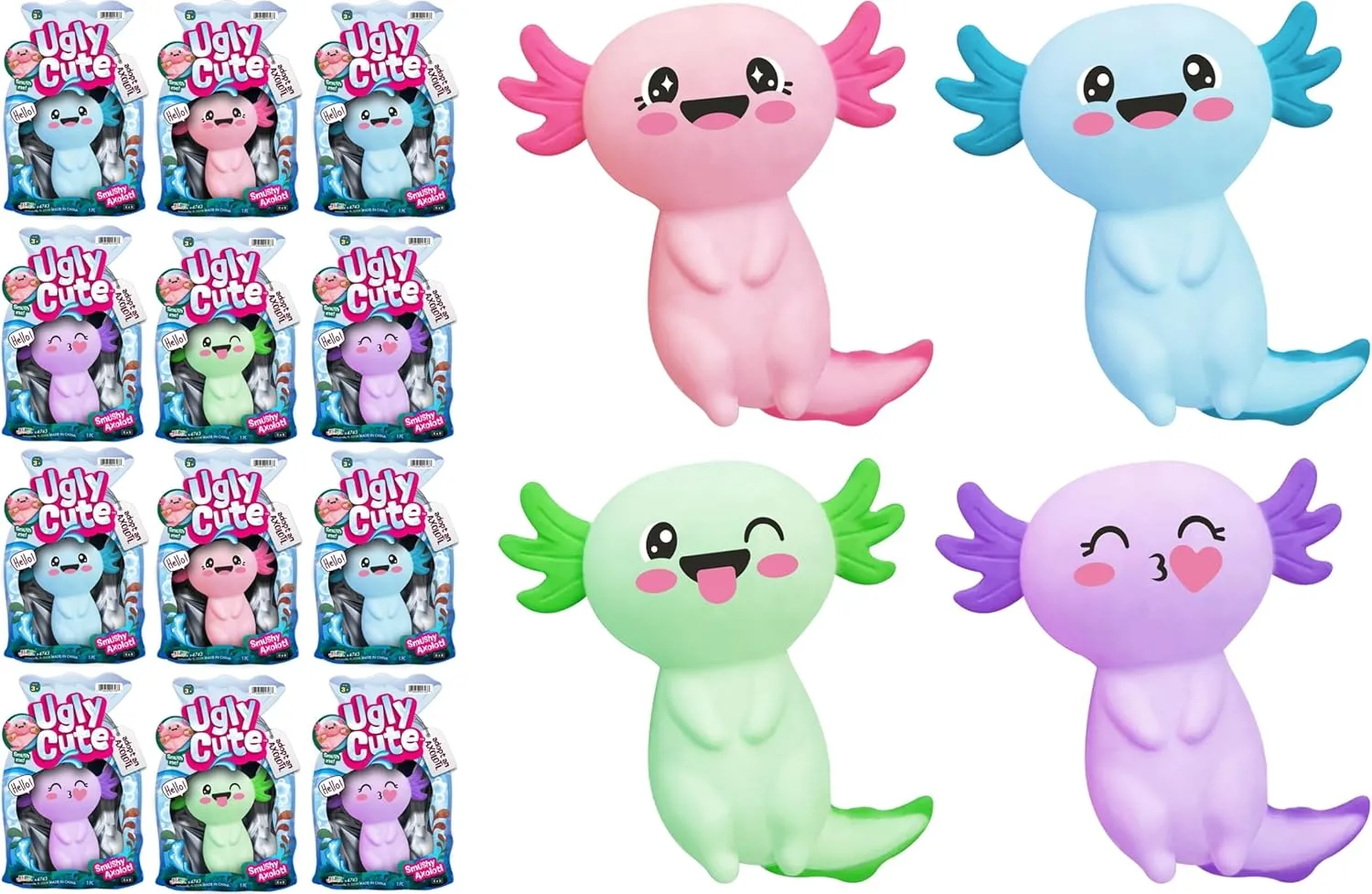 JA-RU Ugly Cute Axolotl Squishy Toy (12 Pack) – Squishy Axolotl Toys for Kids, Super Stretchy Stress Relief Toy, Bulk Axolotl Party Favors & Classroom Prizes. 4743-12s