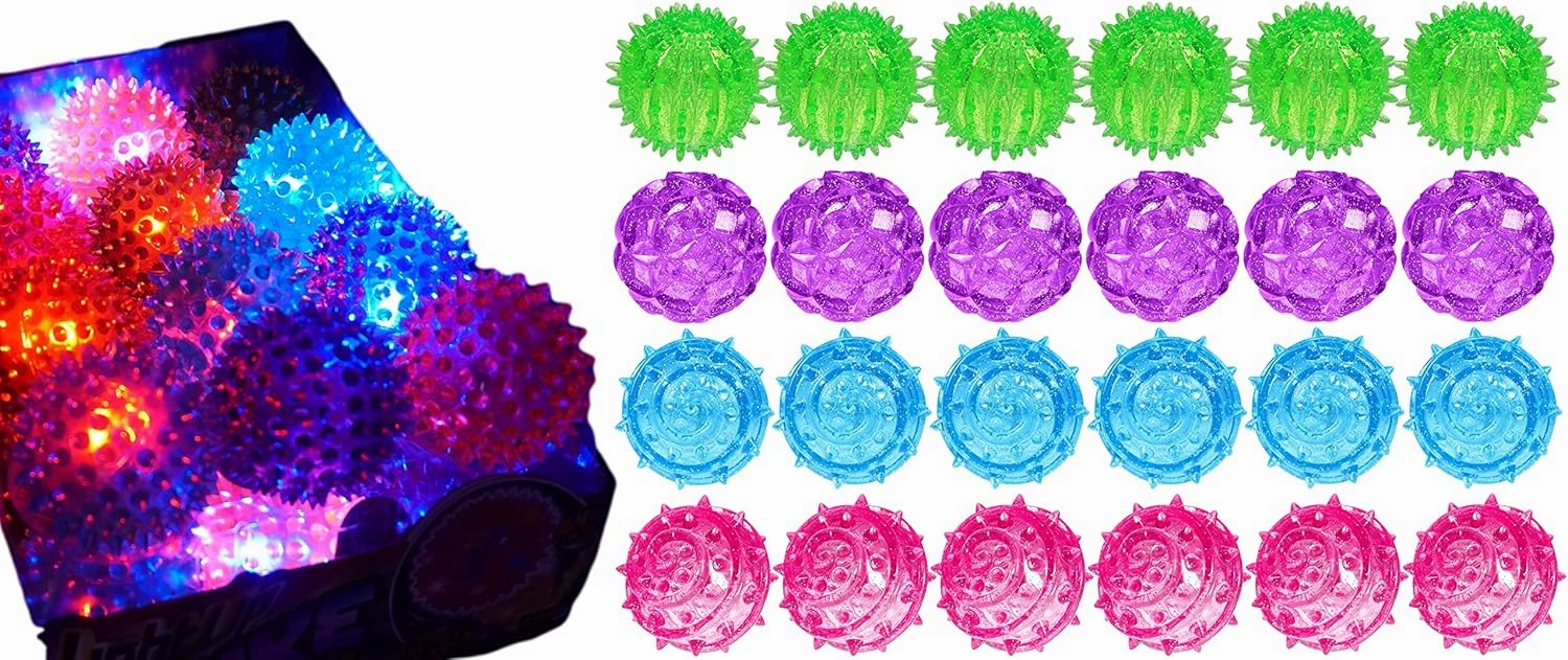 JA-RU Light Up Balls (24) Rubber Spiky Balls for Kids. Stress Relief Toy, Autism Sensory Products. Dog Chew Toy, Bulk Birthday Party Favors, Goodie Bag Stuffers. 695-24p