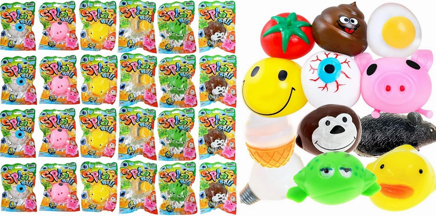 JA-RU Splat Ball Sticky Stress Ball (24 Units Assorted) Animal, Eggs, Squishy Pig Toys for Kids. Slow Rise Squishies. Novelty Toys & Amusements & Teacher Treasure Box Prizes. 5303-24p