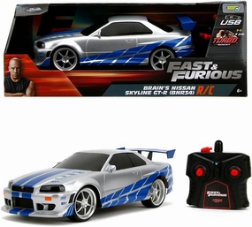 Jada Toys Fast & Furious Brian's Nissan Skyline GT-R (Bnr34)- Ready to Run R/C Radio Control Toy Vehicle, 1: 16 Scale, Silver and Blue, (99370)