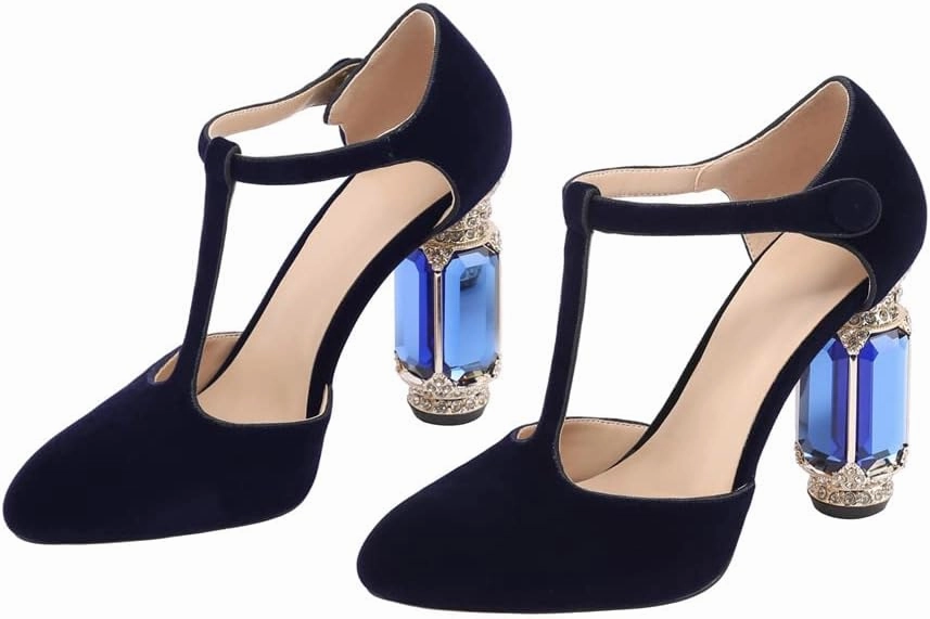 JANSEVEN Women Chunky High Heels Block Heeled Crystal Pumps Unique Jewel Gemstone Heel Round Closed Toe With Rhinestone Suede T-strap Sandals Party Bridal Wedding Shoes